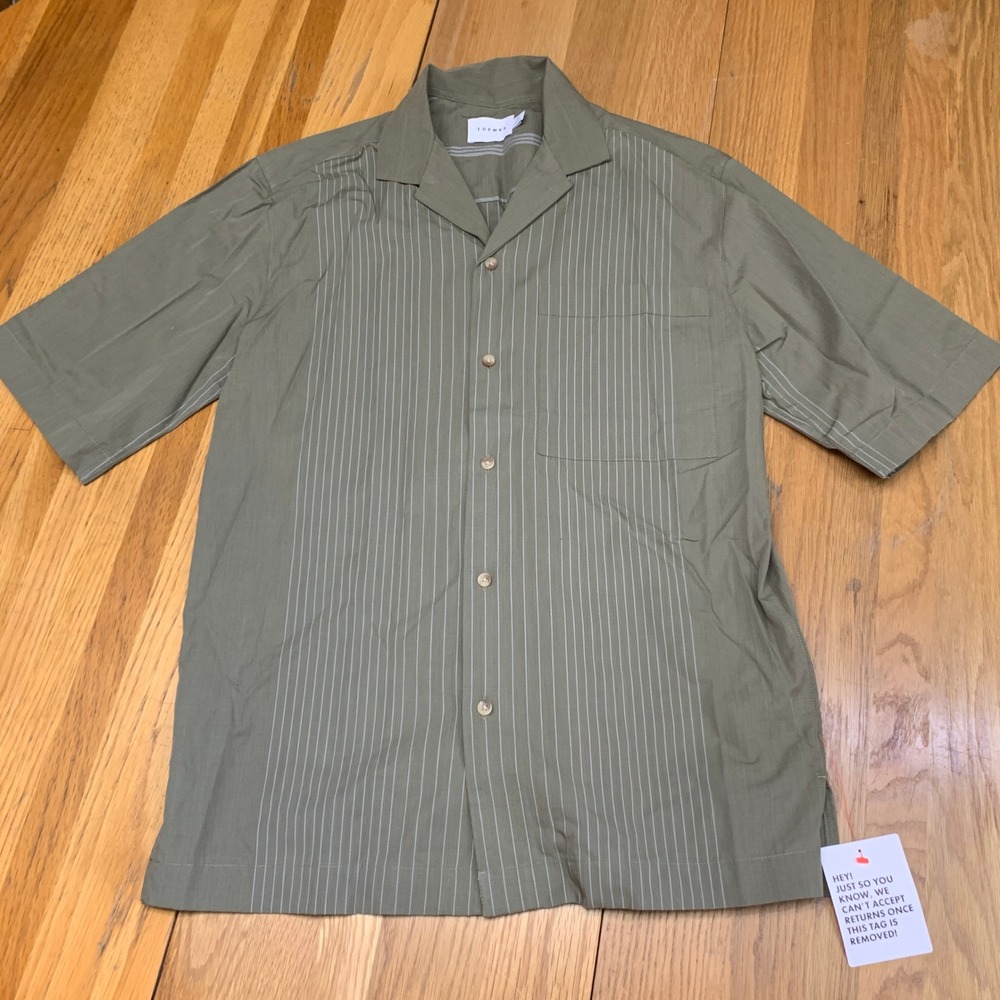 Topman Mens XS Olive Green Pinstripe Camp Collar Short Sleeve Button Down Shirt